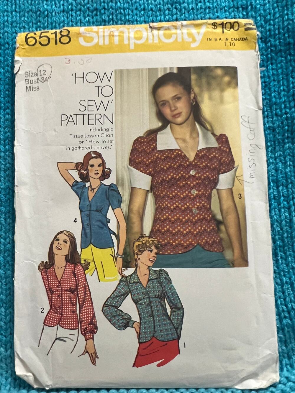 Simplicity 6518 Sewing pattern blouse button front puff sleeve size 12